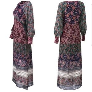 Cabi Womens Size S Festive Retro Floral Boho‎ Patchwork Long Sleeve Maxi Dress